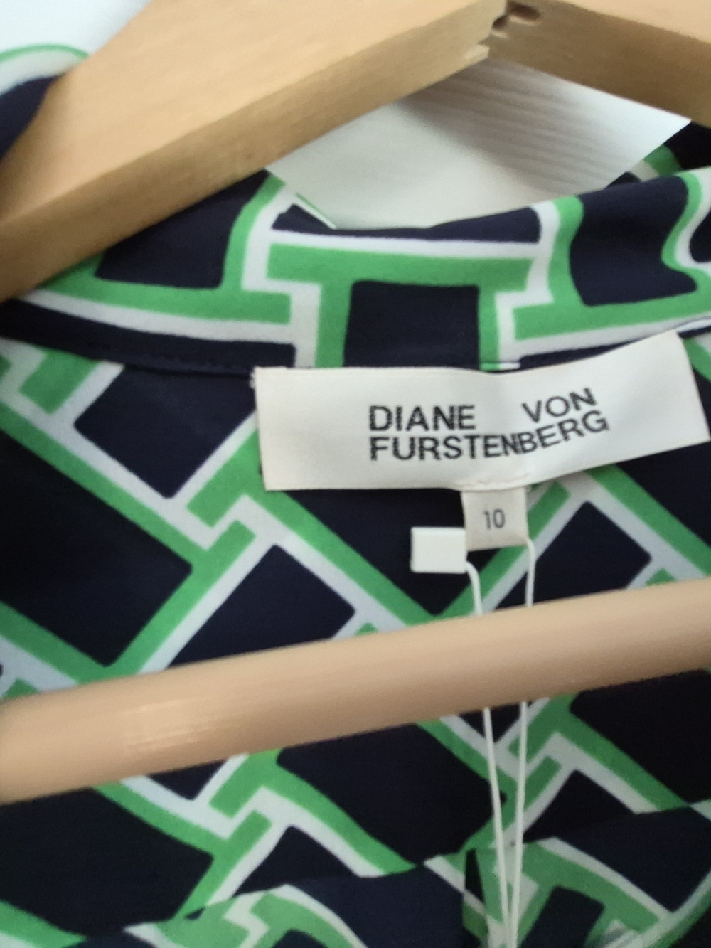 Diane Von Furstenberg Navy and Lime Geometric Long Sleeve Wrap Dress - Picture 3 of 4